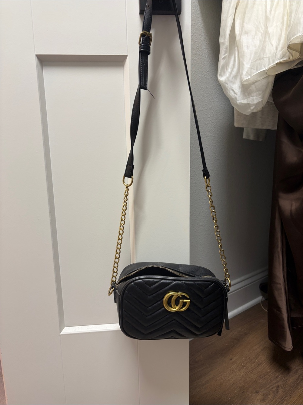 Black Quilted Crossbody Bag with Gold Hardware